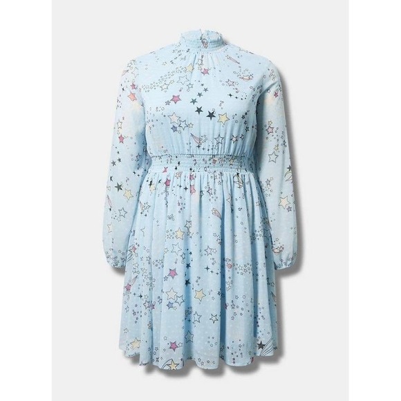 Torrid 3 Clipdot Blouson Sleeve Mock Nexk Skater Dress Cosmic Stars Summer 3X - Picture 16 of 16